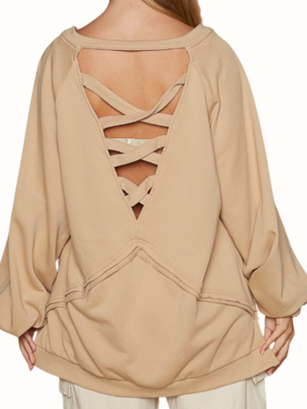 French Terry Cross Strap Back Balloon Sleeve Sweatshirt Top
